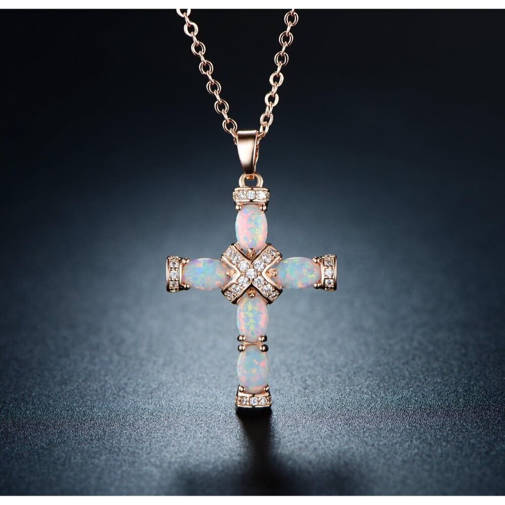 Gold Plated Opal Cross Necklace 18in with 2in Extension for Women Girls - Picture 4 of 5